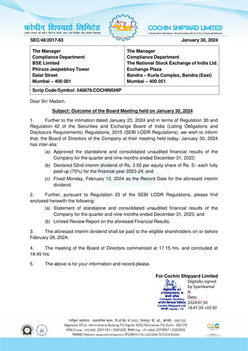 Miniature Cochin Shipyard Limited Rapport trimestriel 2023-q3