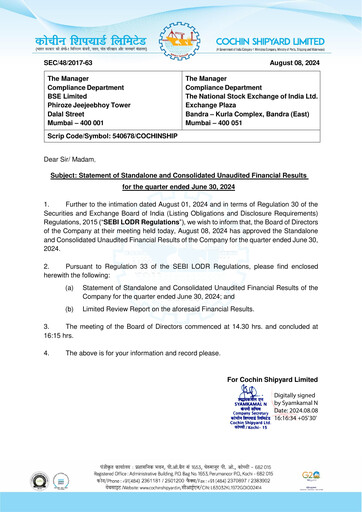 Miniature Cochin Shipyard Limited Rapport trimestriel 2024-q1