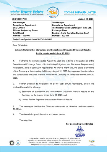Miniature Cochin Shipyard Limited Rapport trimestriel 2025-q1