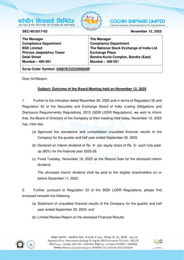 Miniature Cochin Shipyard Limited Rapport trimestriel 2025-q2