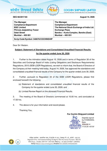 Miniature Cochin Shipyard Limited Rapport trimestriel 2026-q1