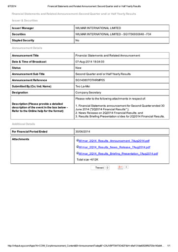 Thumbnail Wilmar International Half-year Report 2014-h1