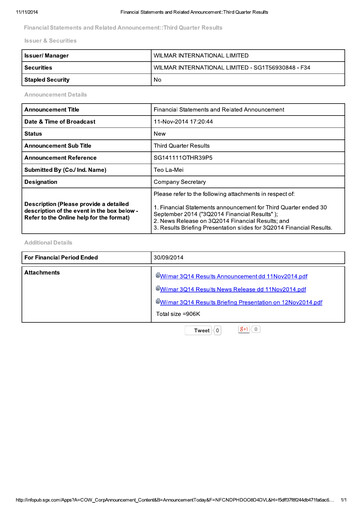 Thumbnail Wilmar International Quarterly Report 2014-q3