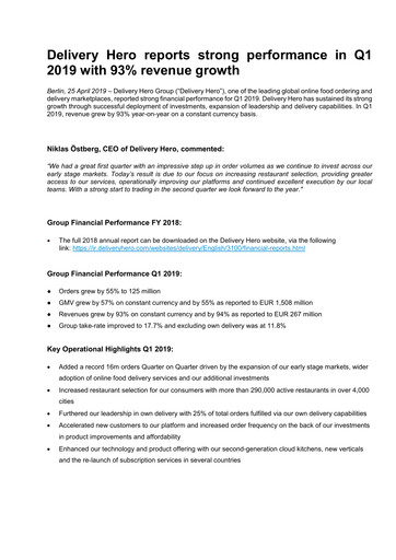 Miniature Delivery Hero
 Rapport trimestriel 2019-q1