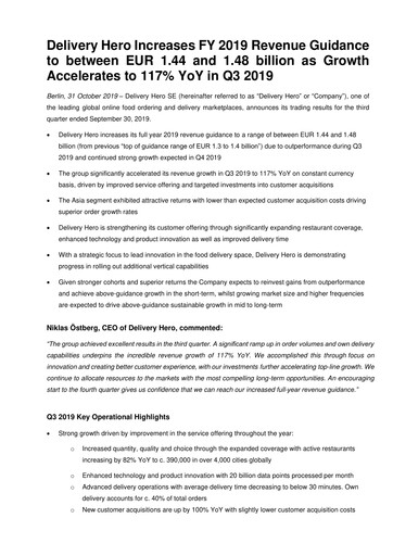 Miniature Delivery Hero
 Rapport trimestriel 2019-q3