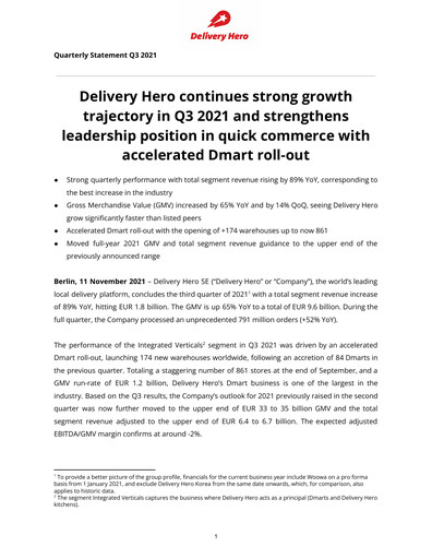Miniature Delivery Hero
 Rapport trimestriel 2021-q3