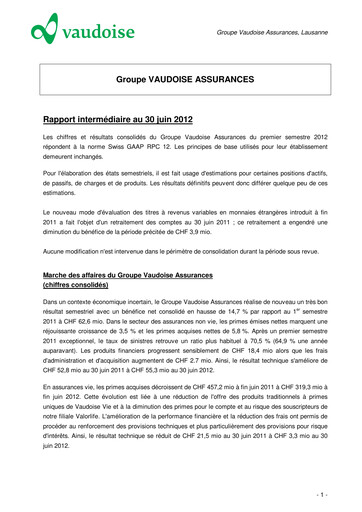 Thumbnail Vaudoise Assurances Half-year Report 2012-h1