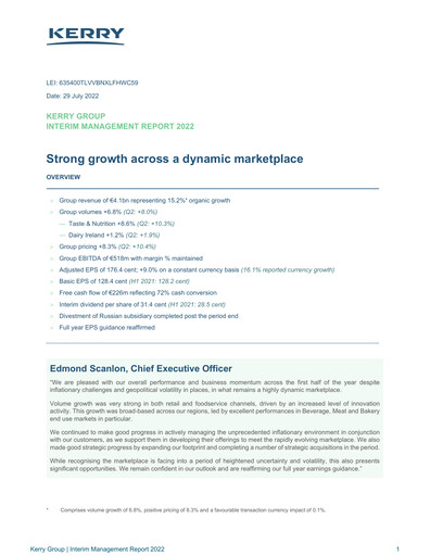 Thumbnail Kerry Group Half-year Report 2022-h1