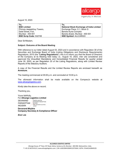 Miniature Allcargo Logistics
 Rapport trimestriel 2023-2024-q1