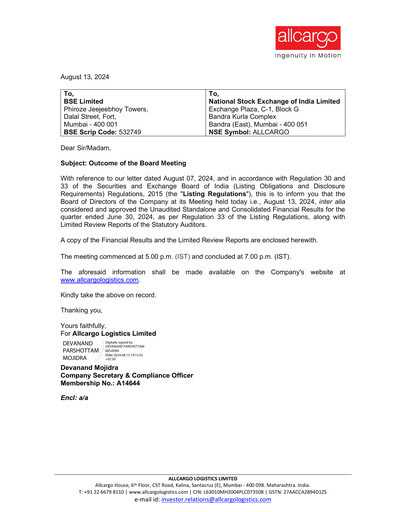 Vorschaubild Allcargo Logistics
 Quartalsbericht 2024-2025-q1