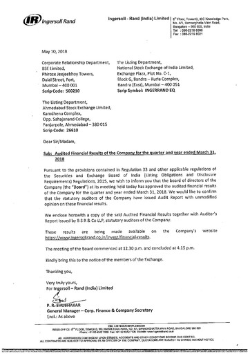 Thumbnail Ingersoll Rand India Financial Statement 2017-2018