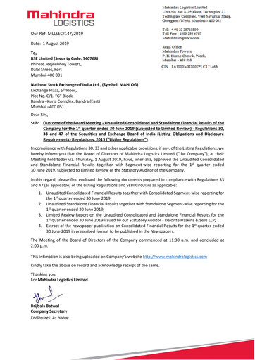 Thumbnail Mahindra Logistics
 Quarterly Report 2019-q1