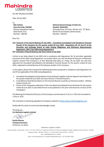 Thumbnail Mahindra Logistics
 Quarterly Report 2022-q1
