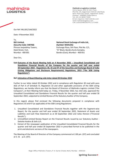 Thumbnail Mahindra Logistics
 Quarterly Report 2022-q2
