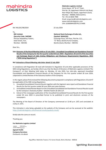 Thumbnail Mahindra Logistics
 Quarterly Report 2024-q1