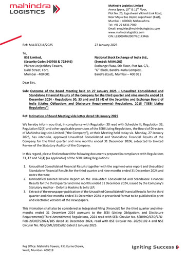 Thumbnail Mahindra Logistics
 Quarterly Report 2024-q3