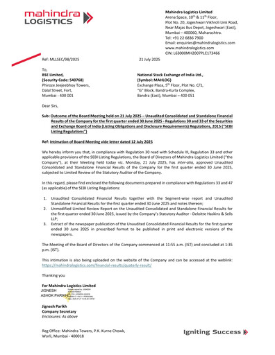 Thumbnail Mahindra Logistics
 Quarterly Report 2025-q1