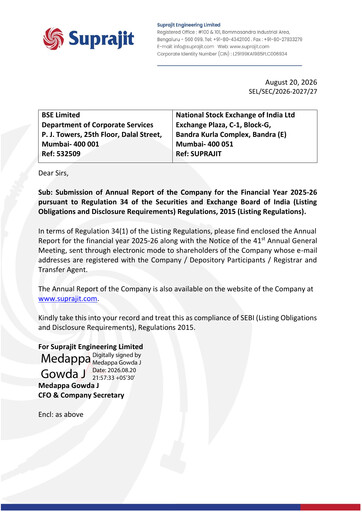 Thumbnail Suprajit Engineering

 Annual Report 2025-2026