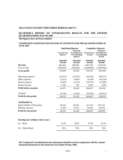 Thumbnail Malaysian Pacific Industries Quarterly Report 2006-2007-q4