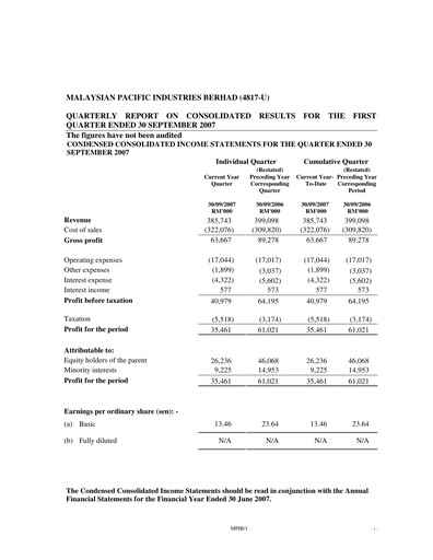 Thumbnail Malaysian Pacific Industries Quarterly Report 2007-2008-q1