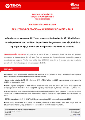 Thumbnail Construtora Tenda S.A. Quarterly Report 2017-q4