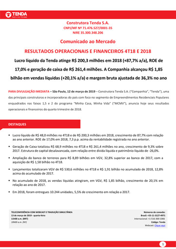 Thumbnail Construtora Tenda S.A. Quarterly Report 2018-q4