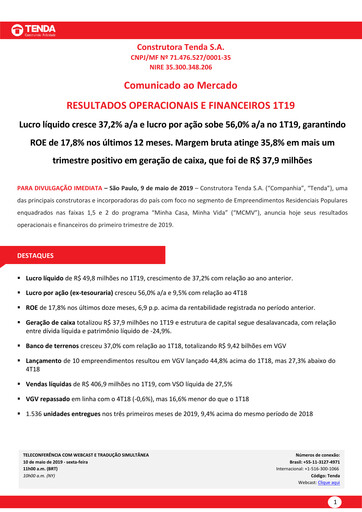 Thumbnail Construtora Tenda S.A. Quarterly Report 2019-q1