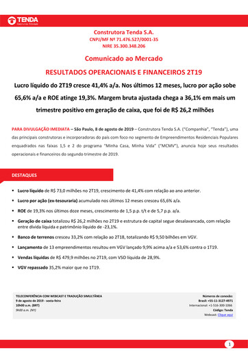 Thumbnail Construtora Tenda S.A. Quarterly Report 2019-q2