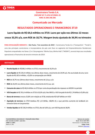 Thumbnail Construtora Tenda S.A. Quarterly Report 2019-q3
