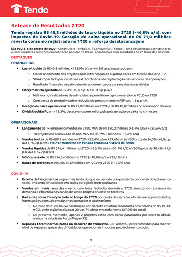Thumbnail Construtora Tenda S.A. Quarterly Report 2020-q2