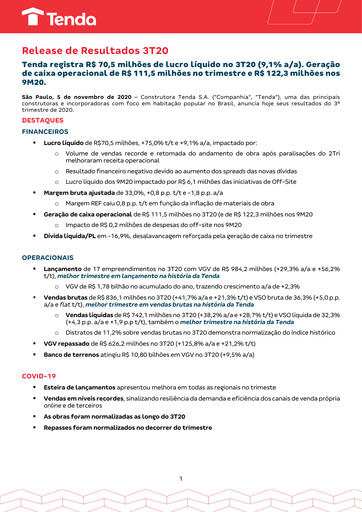 Thumbnail Construtora Tenda S.A. Quarterly Report 2020-q3