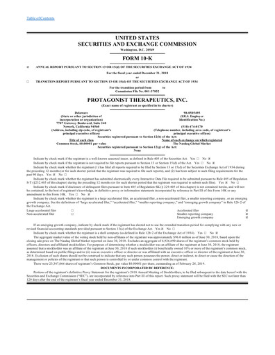 Thumbnail Protagonist Therapeutics
 Annual Report 2018