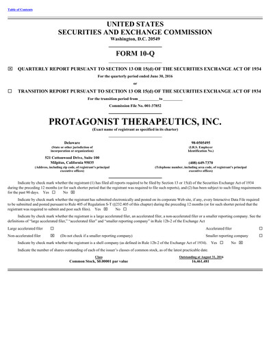 Thumbnail Protagonist Therapeutics
 Quarterly Report 2016-q2