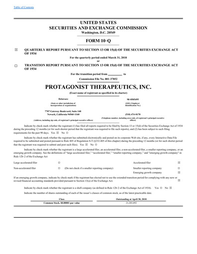 Thumbnail Protagonist Therapeutics
 Quarterly Report 2018-q1
