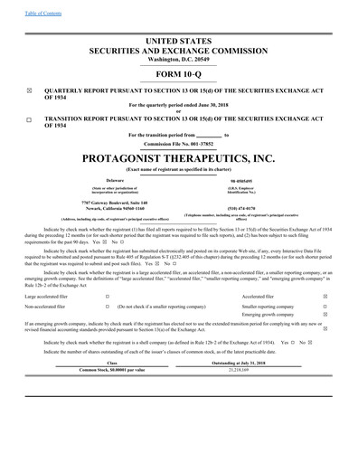 Thumbnail Protagonist Therapeutics
 Quarterly Report 2018-q2