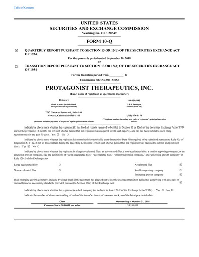 Thumbnail Protagonist Therapeutics
 Quarterly Report 2018-q3
