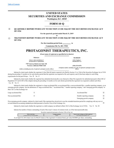 Thumbnail Protagonist Therapeutics
 Quarterly Report 2019-q1