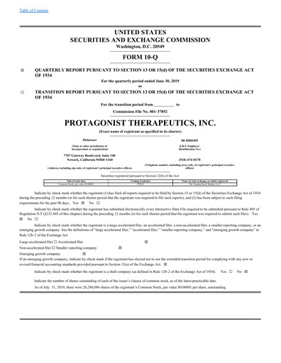 Thumbnail Protagonist Therapeutics
 Quarterly Report 2019-q2