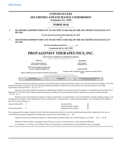 Thumbnail Protagonist Therapeutics
 Quarterly Report 2019-q3