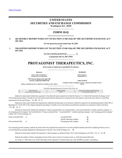 Thumbnail Protagonist Therapeutics
 Quarterly Report 2020-q2