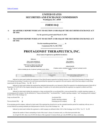 Thumbnail Protagonist Therapeutics
 Quarterly Report 2021-q1