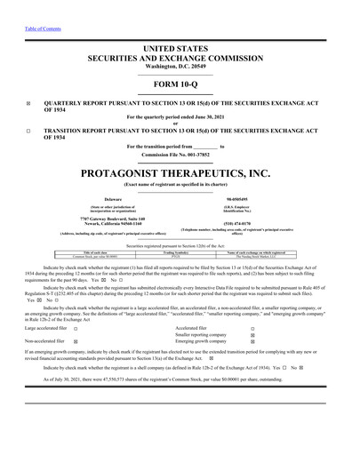 Thumbnail Protagonist Therapeutics
 Quarterly Report 2021-q2