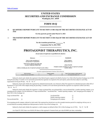 Thumbnail Protagonist Therapeutics
 Quarterly Report 2022-q1