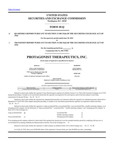 Thumbnail Protagonist Therapeutics
 Quarterly Report 2022-q2
