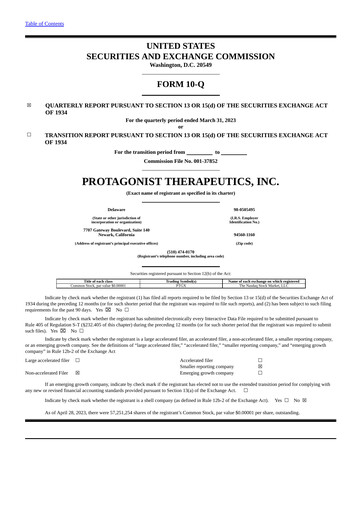 Thumbnail Protagonist Therapeutics
 Quarterly Report 2023-q1