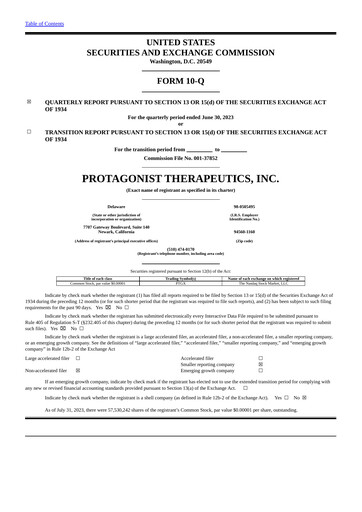 Thumbnail Protagonist Therapeutics
 Quarterly Report 2023-q2