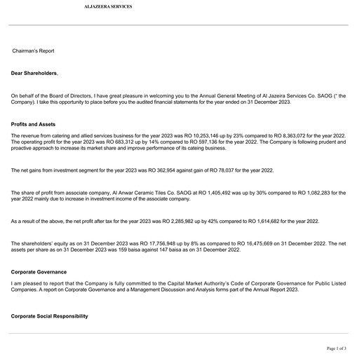 Vorschaubild Al Jazeira Services Co. SAOG Finanzmitteilung 2023