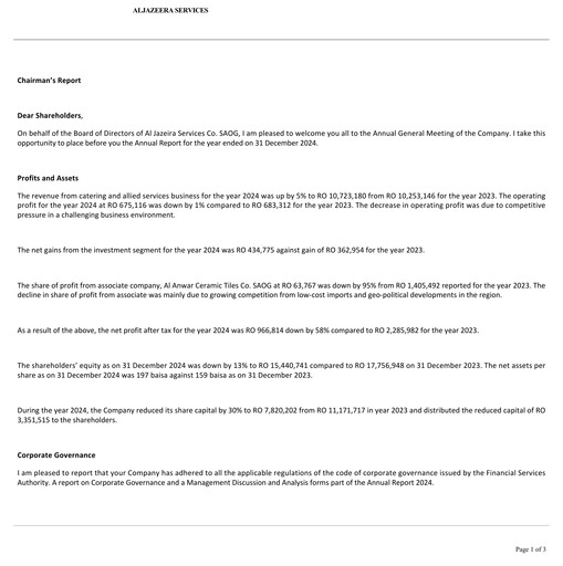 Vorschaubild Al Jazeira Services Co. SAOG Finanzmitteilung 2024