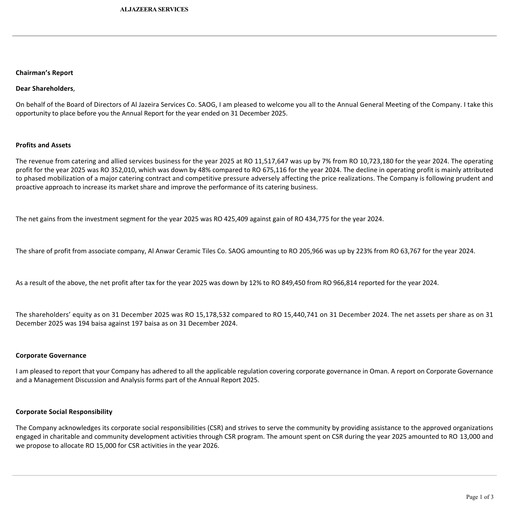 Vorschaubild Al Jazeira Services Co. SAOG Finanzmitteilung 2025