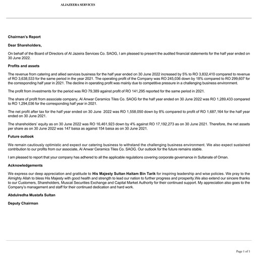 Thumbnail Al Jazeira Services Co. SAOG Half-year Report 2022-h1